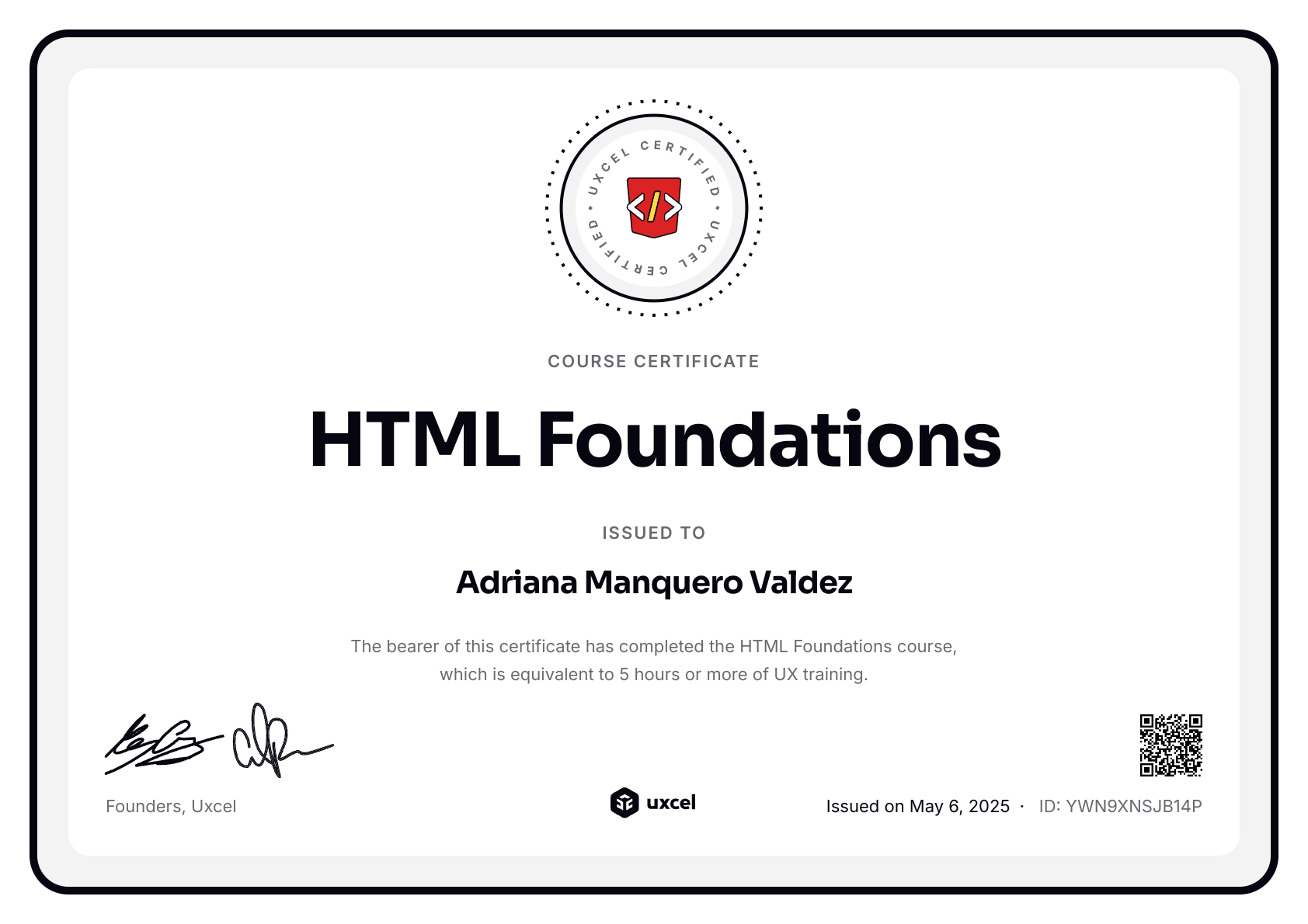 Adriana Manquero Valdez's certificate